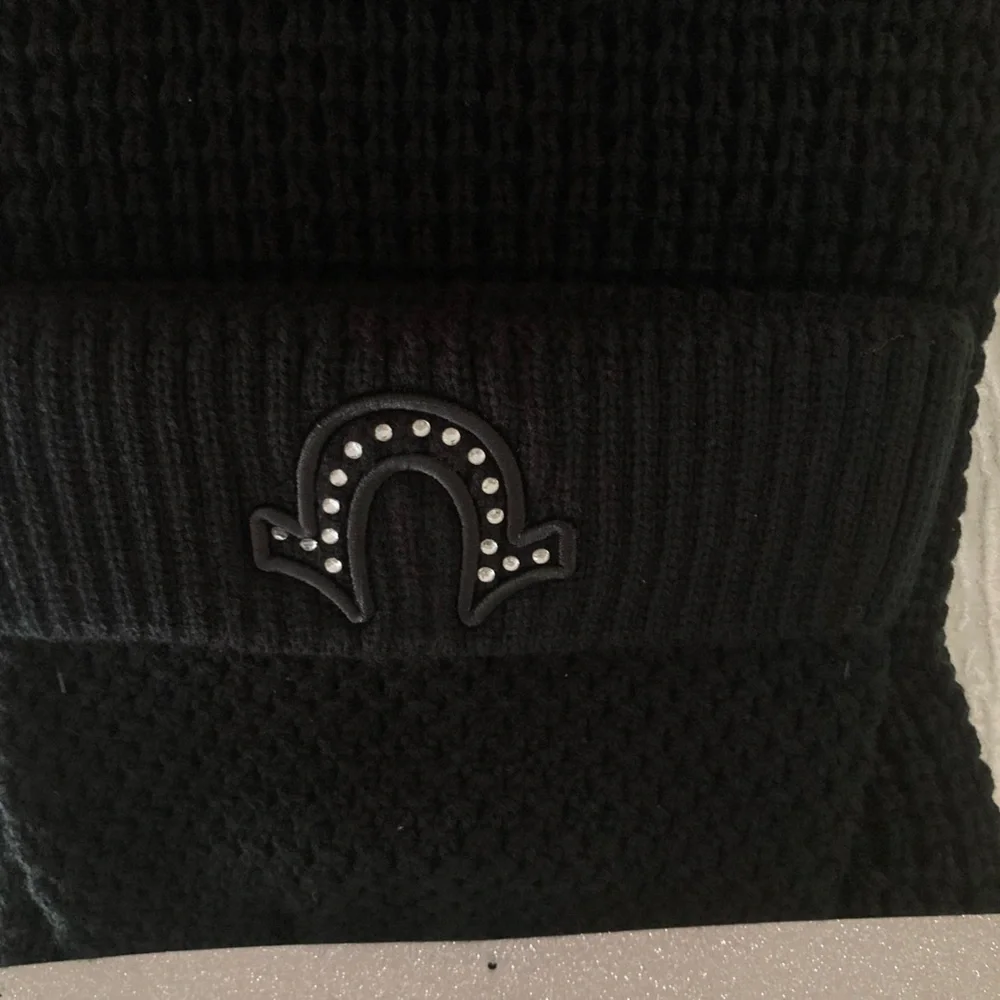 True Religion Black Knit Logo Beanie & Scarf Set One Size